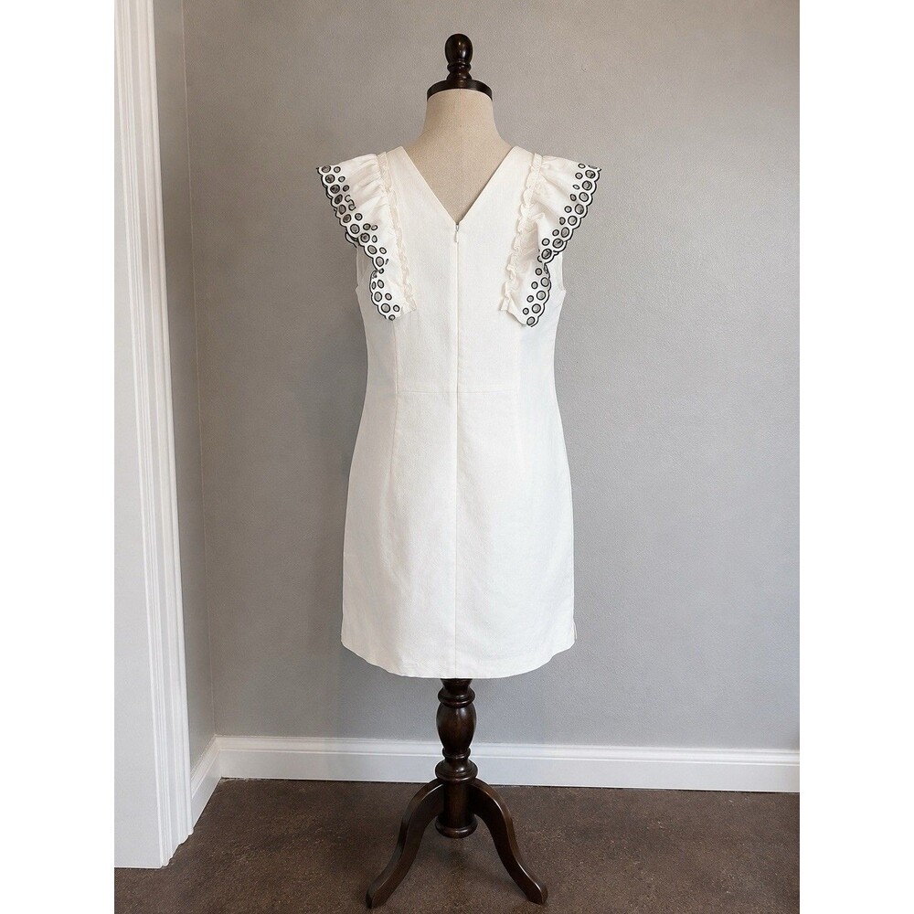 J.Crew Collection Linen Blend Shift Dress White Embroidered Ruffle Size 10 - Picture 4 of 10